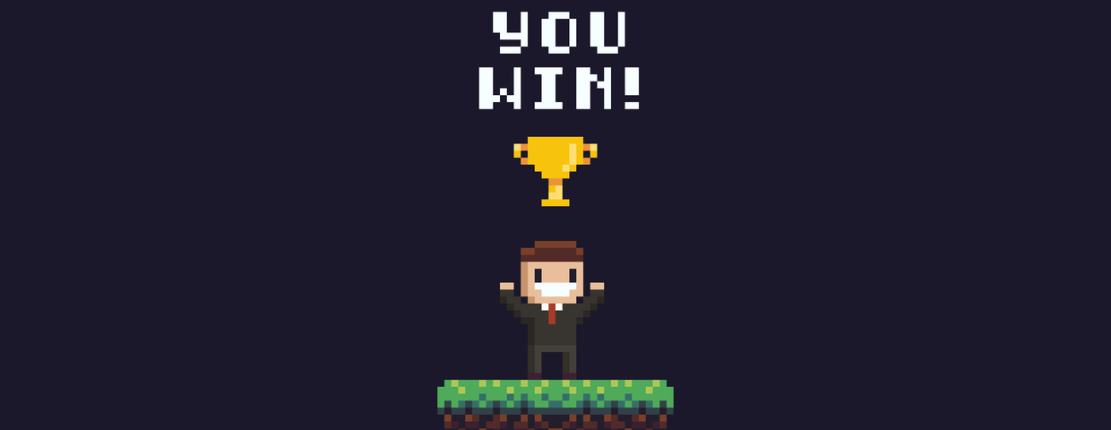 Pixel art office character standing on the top of the hill with golden goblet above his head and you win text