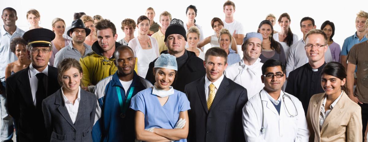 Group photo including doctors, pilots, teachers, chefs, clergy, business men and women.