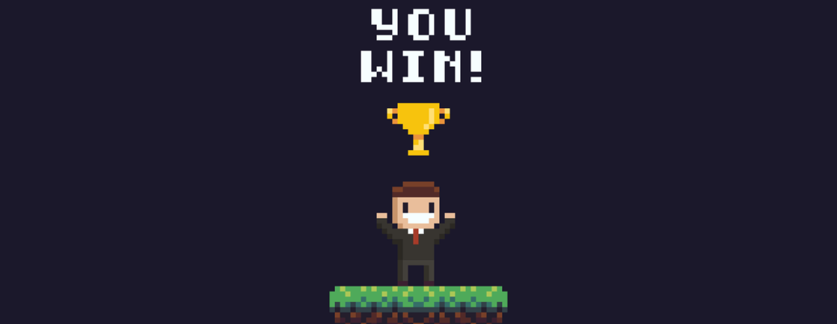 Pixel art office character standing on the top of the hill with golden goblet above his head and you win text