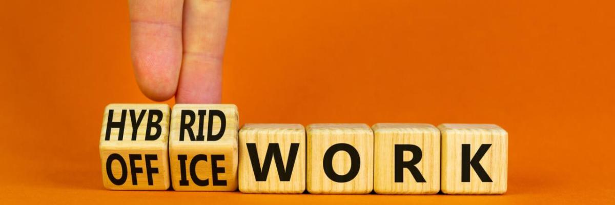 The words 'hybrid', 'office', and 'work' on blocks.