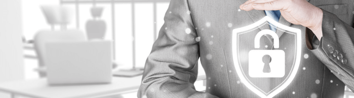 close up of businessman in a suit holding a security icon